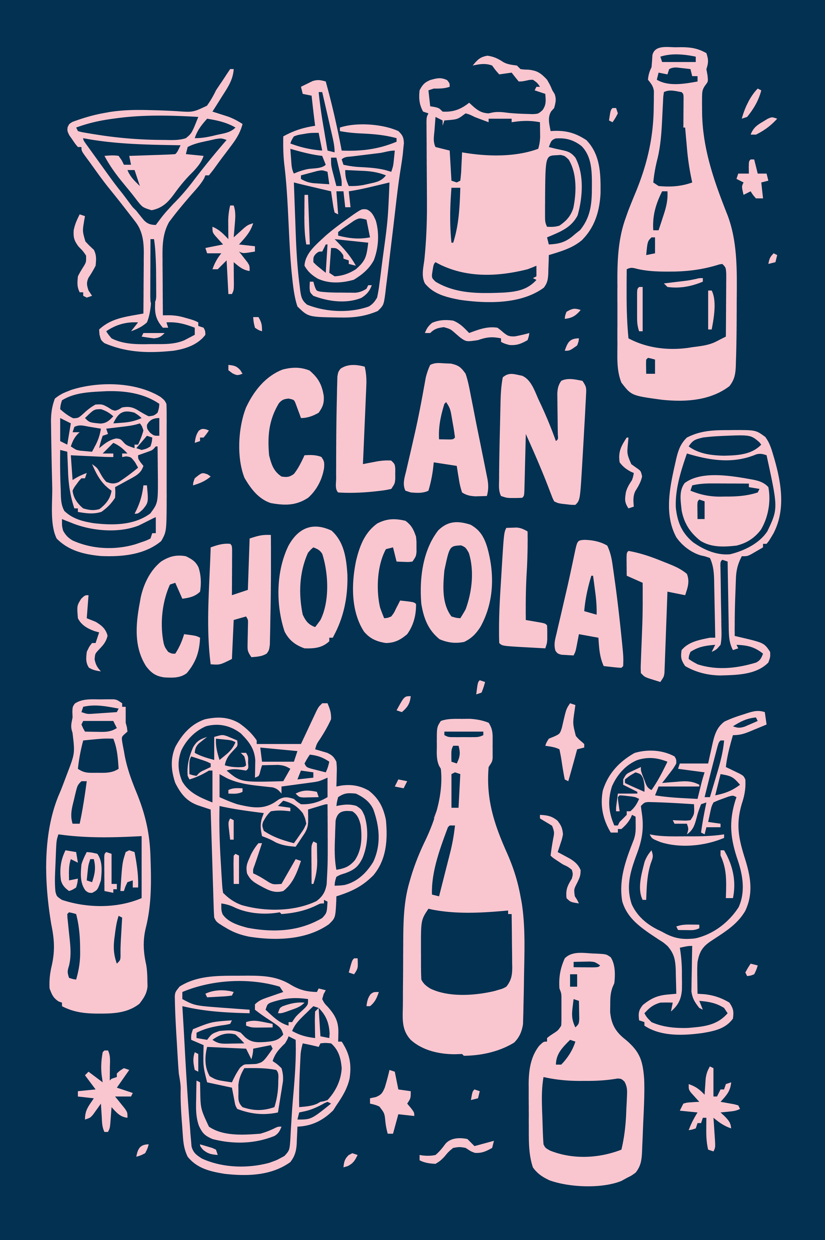Handgetekende illustraties van glazen, flessen en cocktails